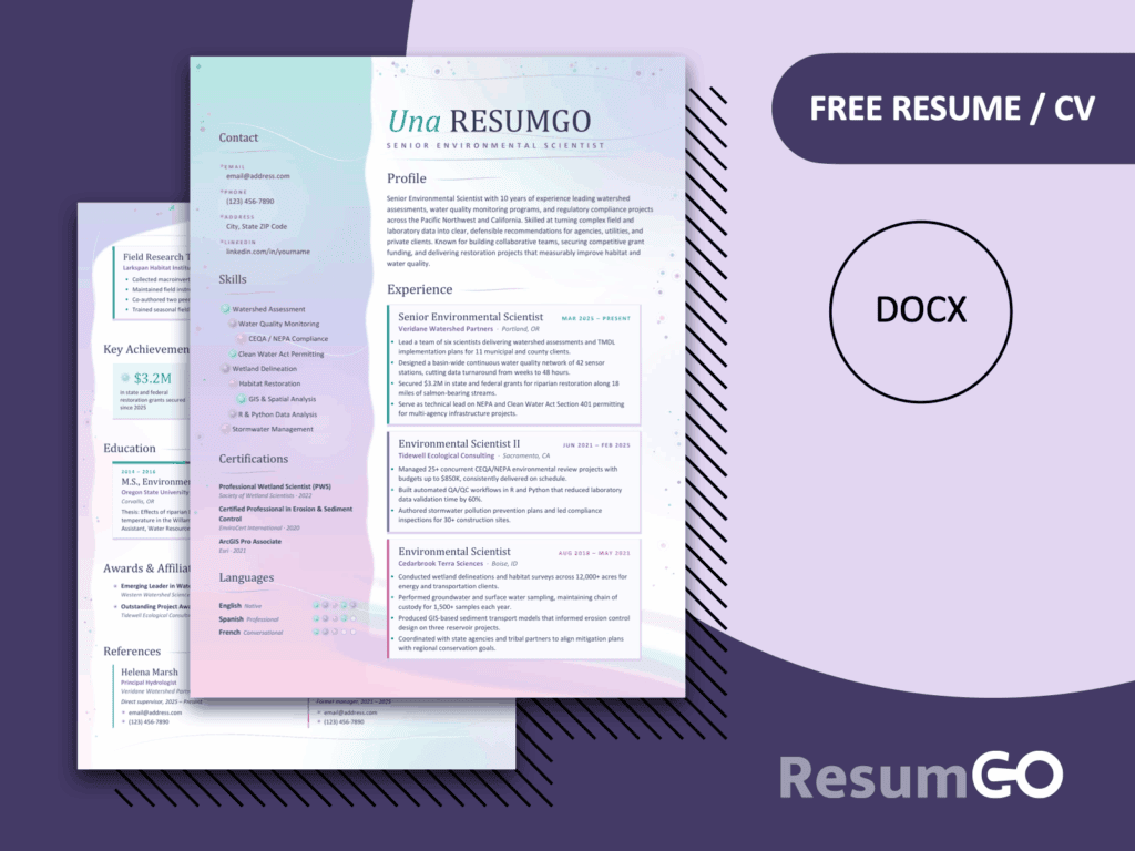 Ustica Aurora Cascade resume template for Word with teal, violet and pink gradients and creative 3D dot accents.