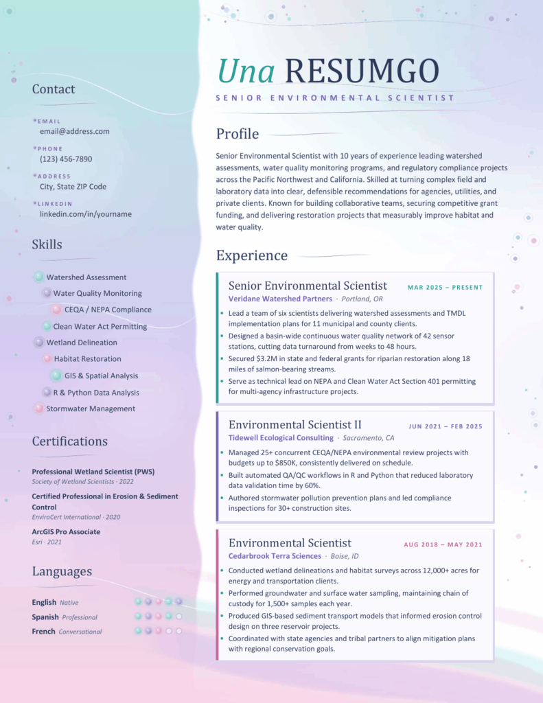 Ustica Creative Resume Template Word and Google Docs Preview Preview of the Ustica creative resume template for Word and Google Docs with flowing aurora colors and elegant layout.