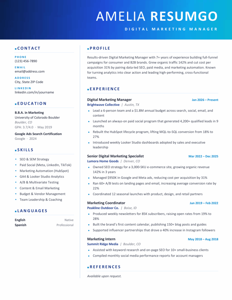 Preview of the Apollo blue resume template for Word, showing a modern two-column CV layout with a bold gradient header.