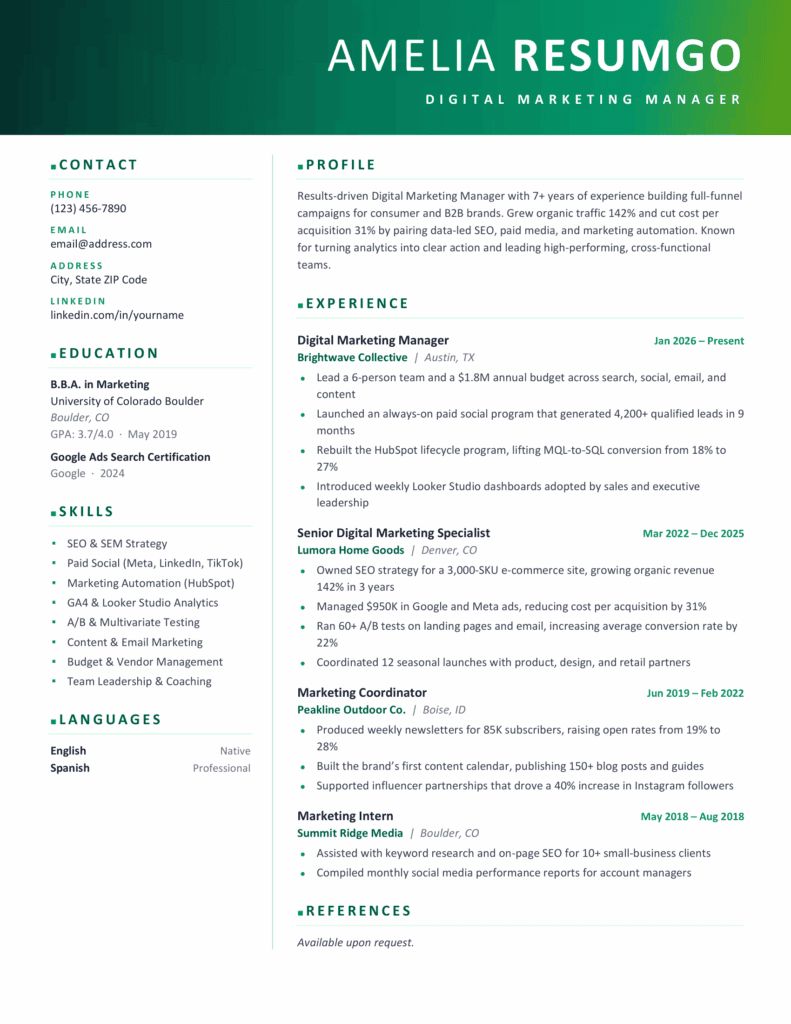 Preview of the Apollo green resume template for Word, with a two-column structure, gradient header, and organized content sections.