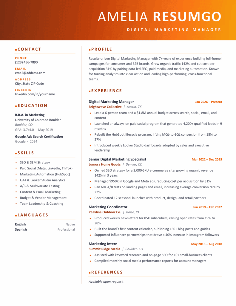 Preview of the Apollo orange resume template for Word, showing a clean two-column resume page with a bold gradient header.