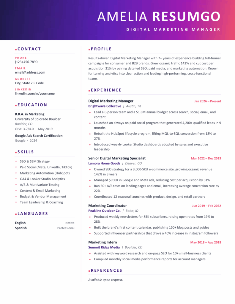 Preview of the Apollo purple resume template for Word, featuring a modern two-column CV design with a colorful gradient header.