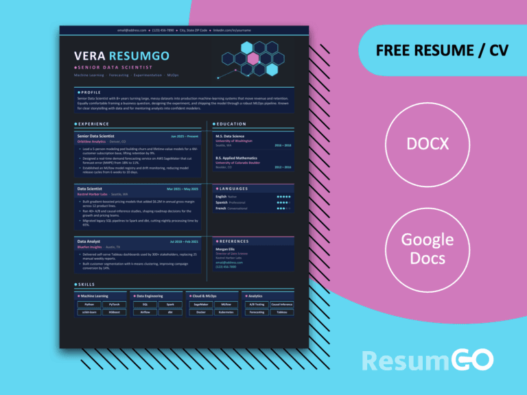 Vanua futuristic hexagonal resume template for Word and Google Docs with dark navy layout and neon accents.