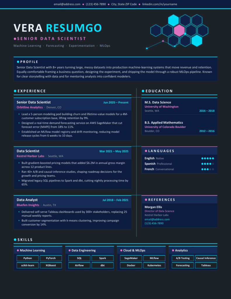 Vanua Futuristic Hexagonal Resume Template Preview for Word and Google Docs Preview of the Vanua Word resume template for Google Docs with hexagonal graphics and a dual-column layout.