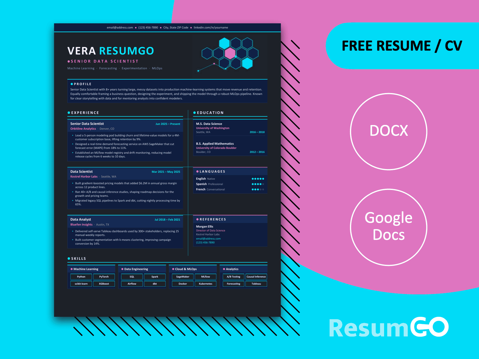 Vanua futuristic hexagonal resume template for Word and Google Docs with dark navy layout and neon accents.