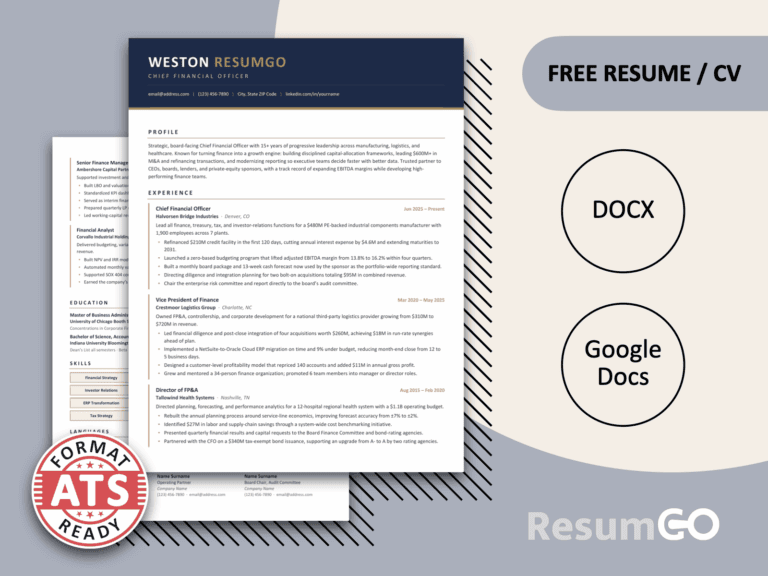 Waiheke executive resume template for Word and Google Docs with a sleek blue header and elegant gold accents.