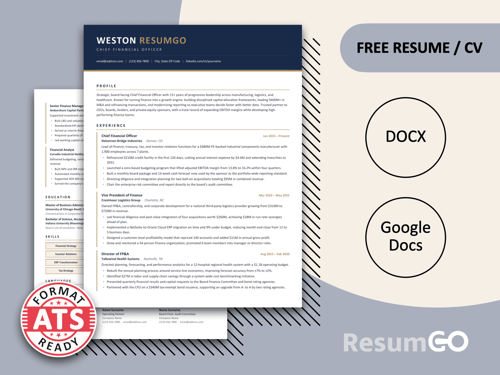 Waiheke executive resume template for Word and Google Docs with a sleek blue header and elegant gold accents.