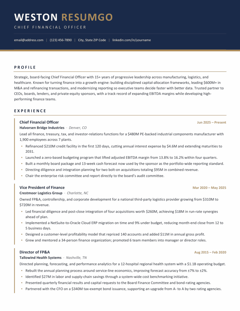 Waiheke Resume Template Preview for Word and Google Docs Preview of the Waiheke resume template for Word and Google Docs showing a modern executive layout in blue and gold.