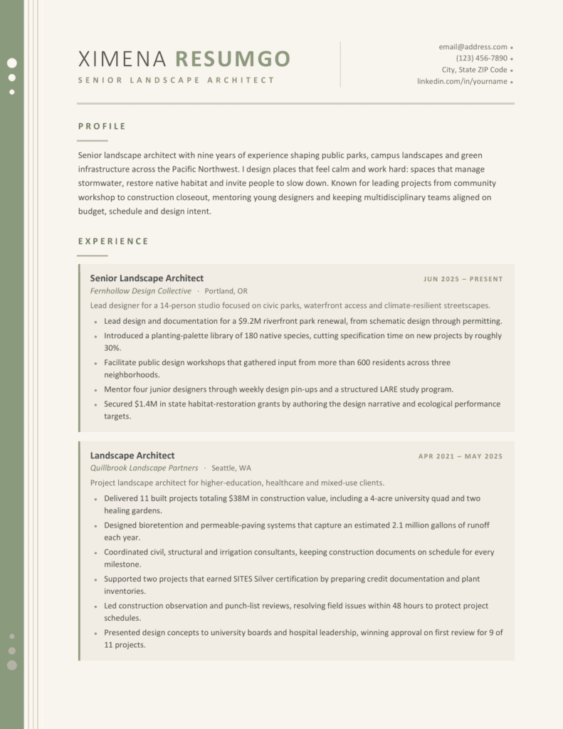 Xiamen Resume Template Page 1 for Word and Google Docs Page 1 preview of the Xiamen resume template for Word and Google Docs with profile and experience sections.