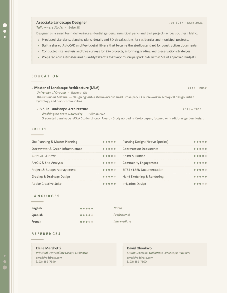 Xiamen Resume Template Page 2 for Word and Google Docs Page 2 preview of the Xiamen resume template for Word and Google Docs with skills, education, languages, and references.