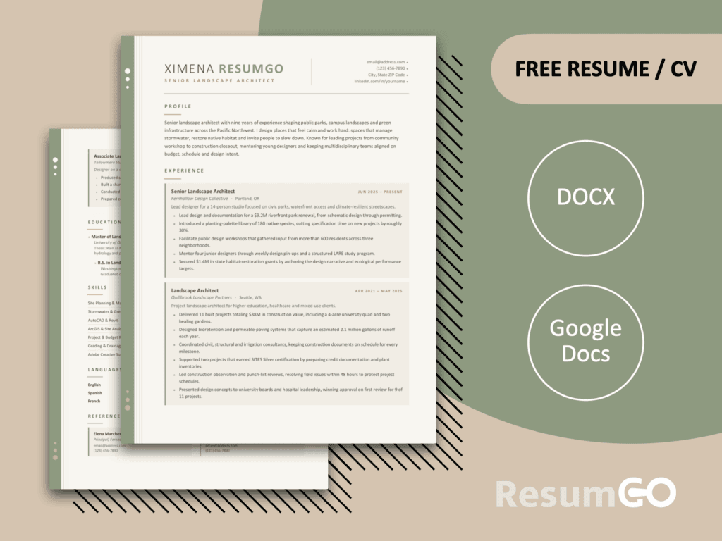 Xiamen zen-inspired resume template in Word and Google Docs with sage green accents and a clean 2-page layout.