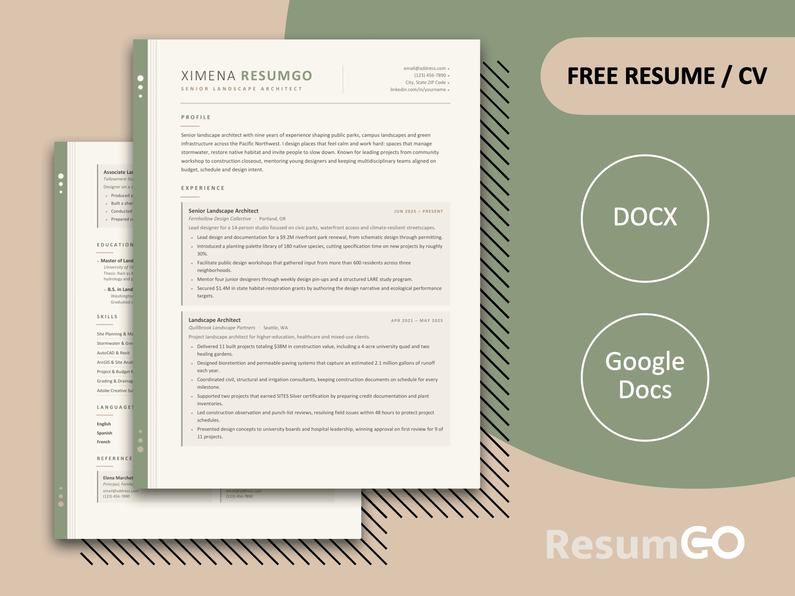 Xiamen zen-inspired resume template in Word and Google Docs with sage green accents and a clean 2-page layout.