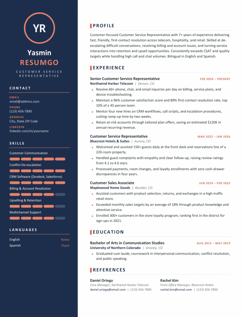 Yakushima Blue Resume Template – Word and Google Docs Preview Blue Yakushima resume template page showing a navy sidebar, skill ratings, work experience, and education sections.