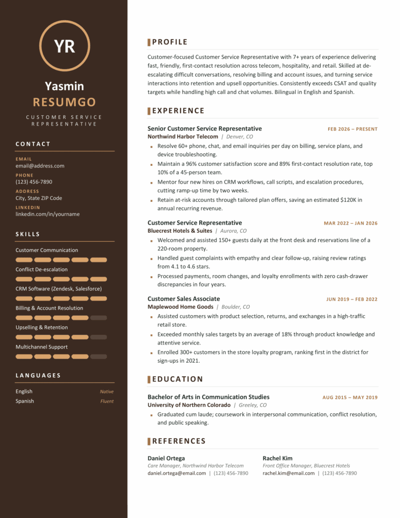 Yakushima Brown Resume Template – Word and Google Docs Preview Brown Yakushima resume template page with a dark brown sidebar, gold skill bars, and organized career sections.