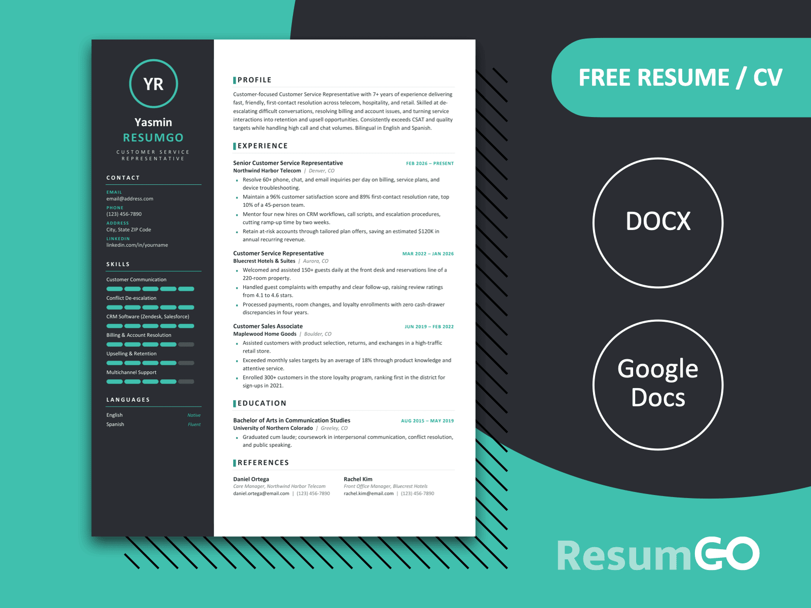 Yakushima green modern sidebar resume template for Word and Google Docs with teal accents and a clean two-column design.