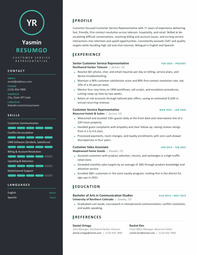 Yakushima Green Resume Template – Word and Google Docs Preview Green Yakushima resume template page displaying a charcoal sidebar, teal skill bars, and structured experience sections.