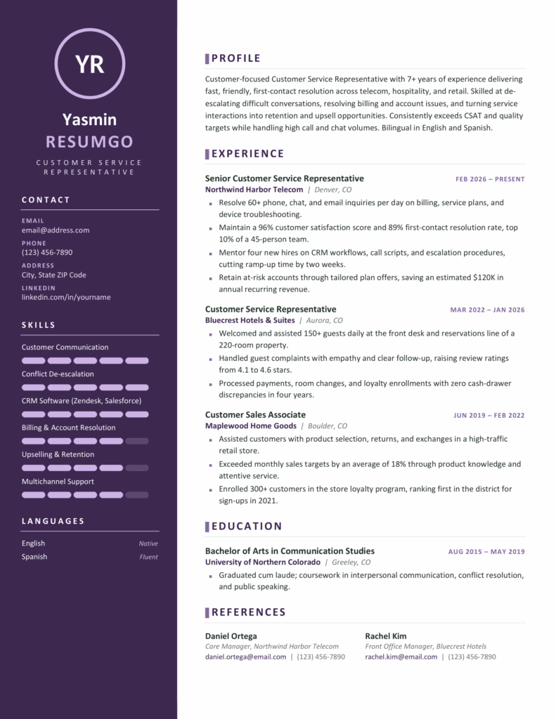 Yakushima Purple Resume Template – Word and Google Docs Preview Purple Yakushima resume template page featuring a deep purple sidebar, lavender skill bars, and clear career sections.