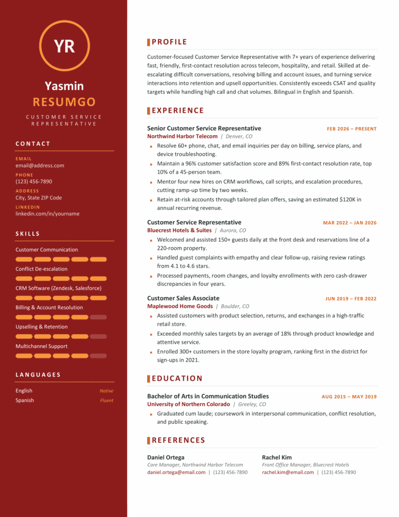 Yakushima Red Resume Template – Word and Google Docs Preview Red Yakushima resume template page showing a bold red sidebar, orange skill ratings, and neatly arranged experience details.