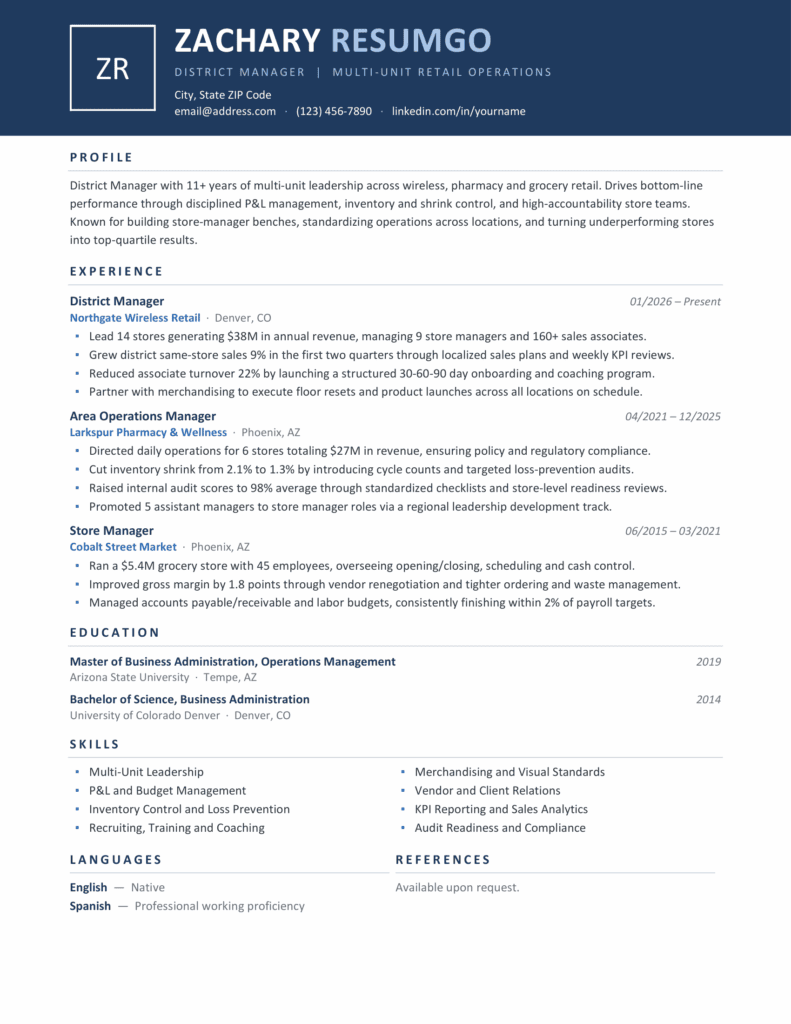 Zanzibar Blue Resume Template Preview for Word and Google Docs Preview of the Zanzibar blue resume template for Word and Google Docs showing the one-page banner layout and structured sections.