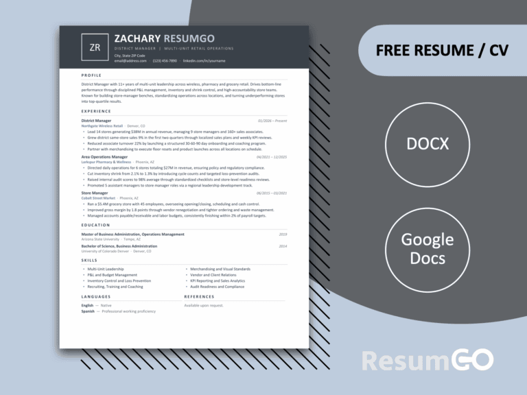 Zanzibar gray modern resume template for Word and Google Docs with a bold banner header and clean one-page layout.