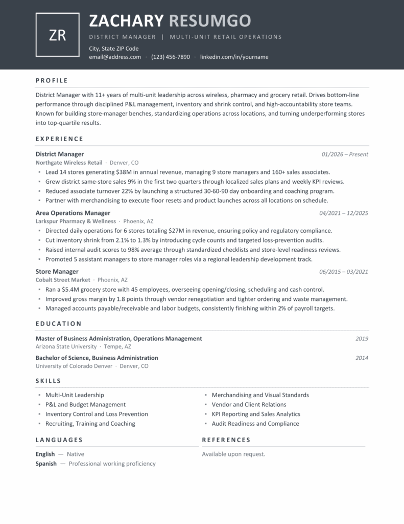 Zanzibar Gray Resume Template Preview for Word and Google Docs Preview of the Zanzibar gray resume template for Word and Google Docs showing the one-page banner layout and structured sections.