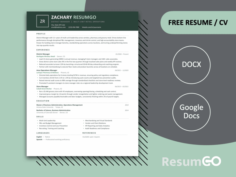Zanzibar green modern resume template for Word and Google Docs with a bold banner header and clean one-page layout.