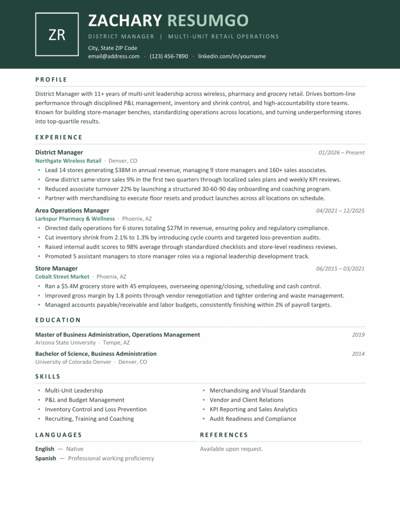 Zanzibar Green Resume Template Preview for Word and Google Docs Preview of the Zanzibar green resume template for Word and Google Docs showing the one-page banner layout and structured sections.