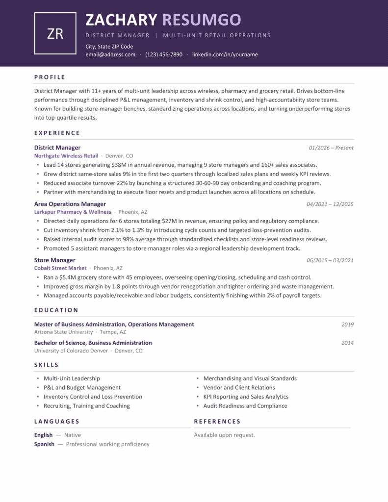 Zanzibar Purple Resume Template Preview for Word and Google Docs Preview of the Zanzibar purple resume template for Word and Google Docs showing the one-page banner layout and structured sections.