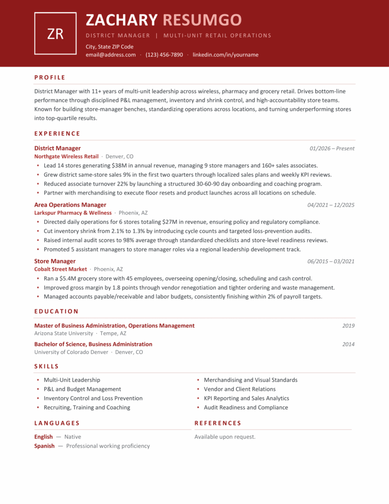 Zanzibar Red Resume Template Preview for Word and Google Docs Preview of the Zanzibar red resume template for Word and Google Docs showing the one-page banner layout and structured sections.