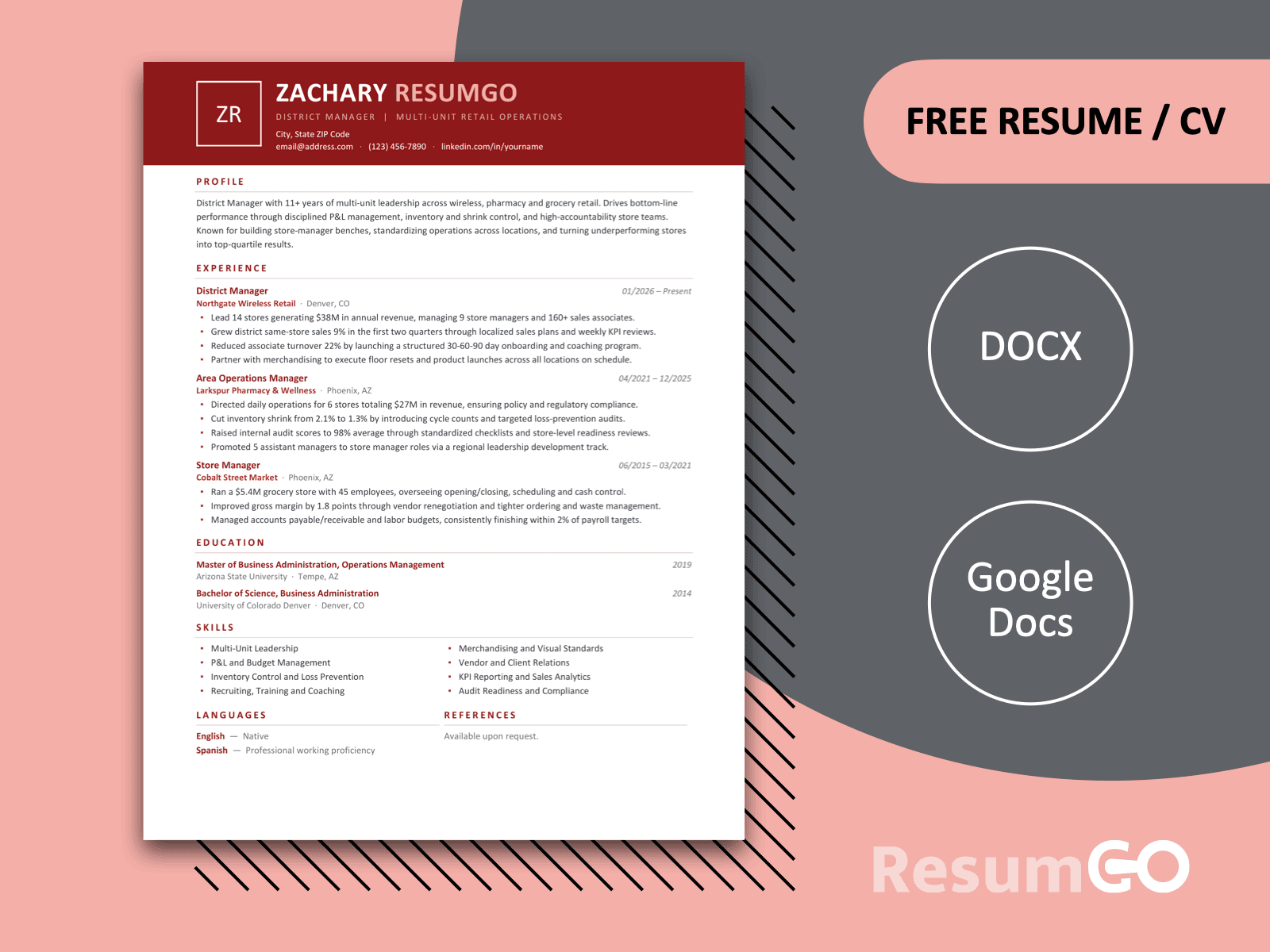 Zanzibar red modern resume template for Word and Google Docs with a bold banner header and clean one-page layout.